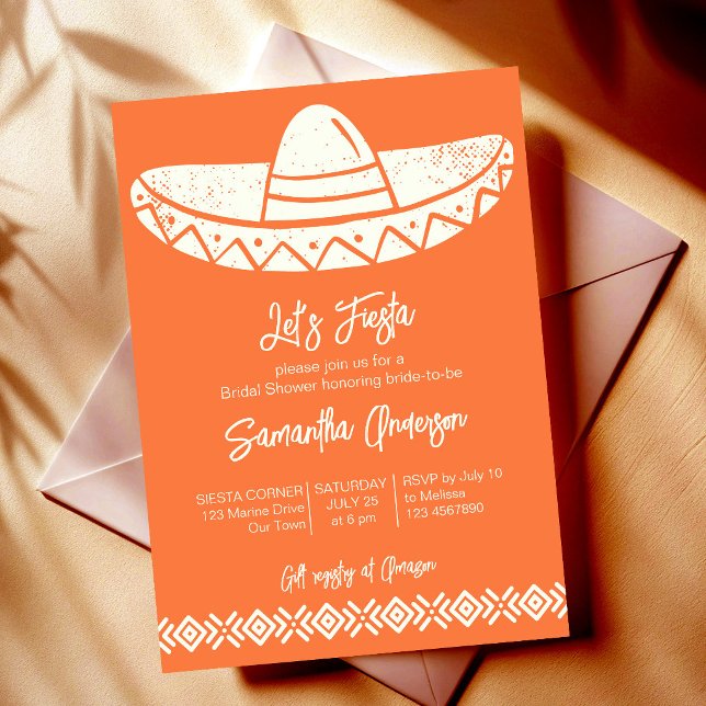 Låt oss fiesta terrakotta mexikansk bröllopsdusch inbjudningar (Let's fiesta terracotta folk art sombrero Mexican bridal shower Invitation cards template)