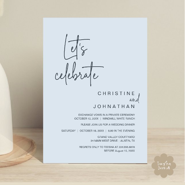 Låt oss fira, bröllopsfest middag inbjudningar (Let's Celebrate, Classy Minimal Wedding Elopement Party Dinner Invitation Card in Misty Blue)
