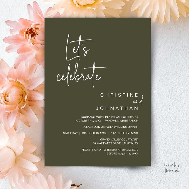 Låt oss fira, bröllopsfest middag inbjudningar (Let's Celebrate, Classy Minimal Wedding Elopement Party Dinner Invitation Card in Olive Green)