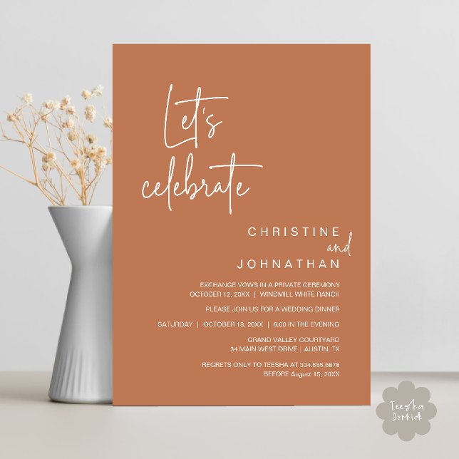 Låt oss fira, bröllopsfest middag inbjudningar (Let's Celebrate, Classy Minimal Wedding Elopement Party Dinner Invitation Card in Copper Brown)