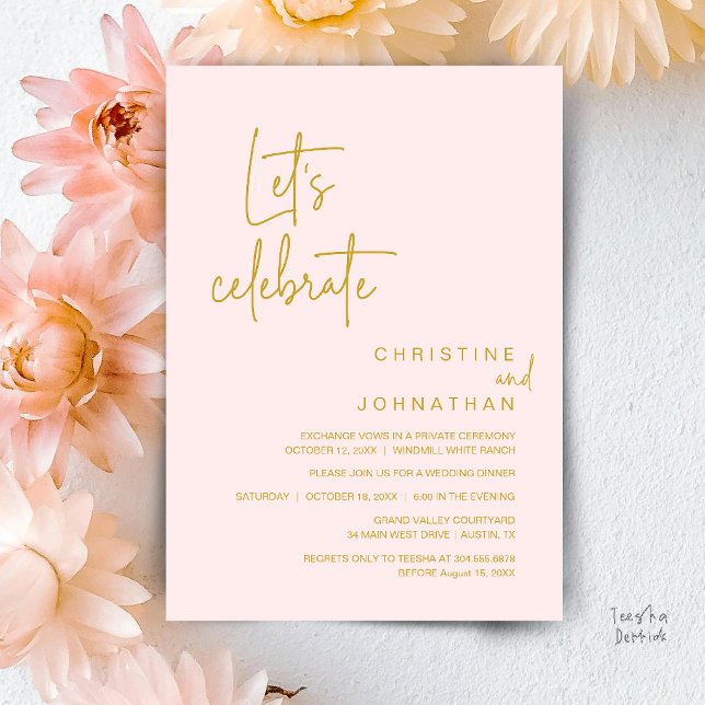 Låt oss fira, bröllopsfest middag inbjudningar (Let's Celebrate, Classy Minimal Wedding Elopement Party Dinner Invitation Card in Blush Gold)