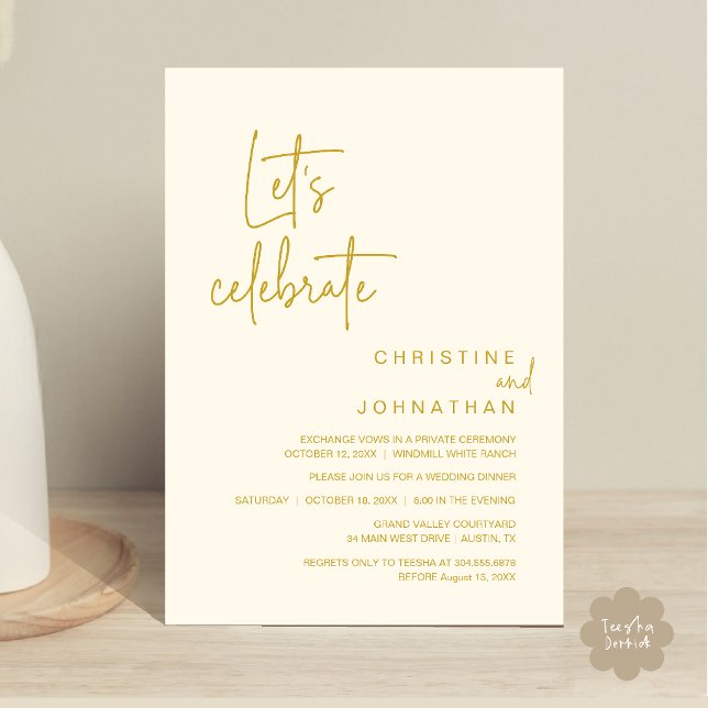 Låt oss fira, bröllopsfest middag inbjudningar (Let's Celebrate, Classy Minimal Wedding Elopement Party Dinner Invitation Card in Yellow Gold Cream)