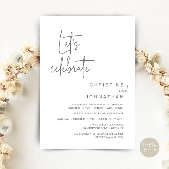 Låt oss fira, bröllopsfest middag inbjudningar (Let's Celebrate, Classy Minimal Wedding Elopement Party Dinner Invitation Card in Dark grey)
