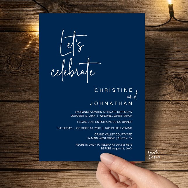 Låt oss fira, bröllopsfest middag inbjudningar (Let's Celebrate, Classy Minimal Wedding Elopement Party Dinner Invitation Card in Navy Blue)