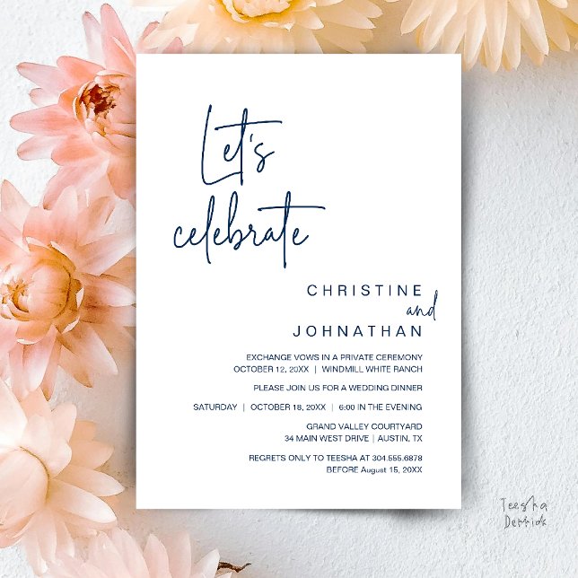 Låt oss fira, bröllopsfest middag inbjudningar (Let's Celebrate, Classy Minimal Wedding Elopement Party Dinner Invitation Card in Navy Blue)