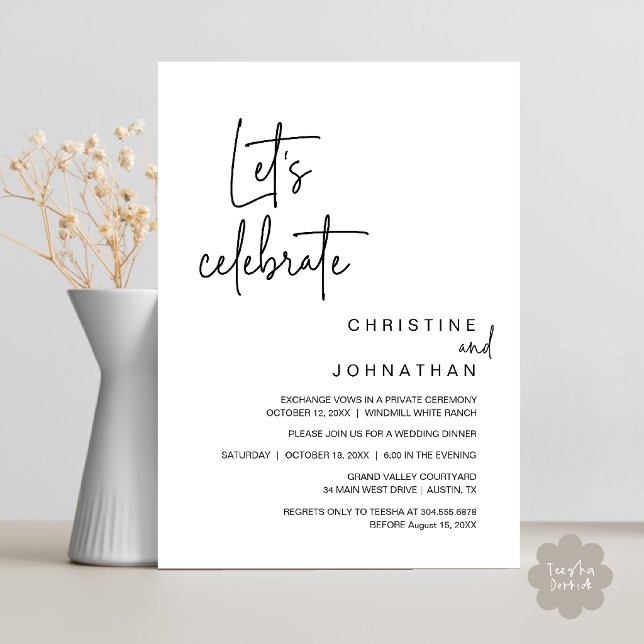 Låt oss fira, bröllopsfest middag inbjudningar (Let's Celebrate, Classy Minimal Wedding Elopement Party Dinner Invitation Card in Black and White)