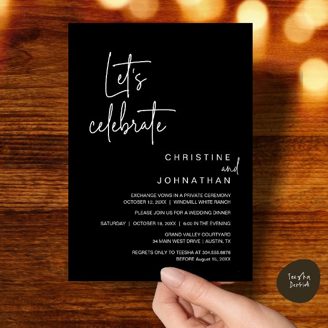 Låt oss fira, bröllopsfest middag inbjudningar (Let's Celebrate, Classy Minimal Wedding Elopement Party Dinner Invitation Card in Classy Black)