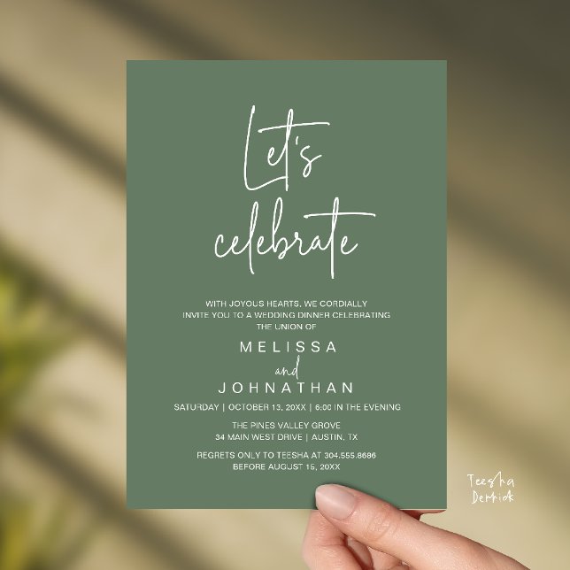 Låt oss fira, Bröllopsfirande efter vigseln Inbjudningar (Let's Celebrate, Modern Minimal Wedding Elopement Reception Dinner Invites Card in Sage Green)