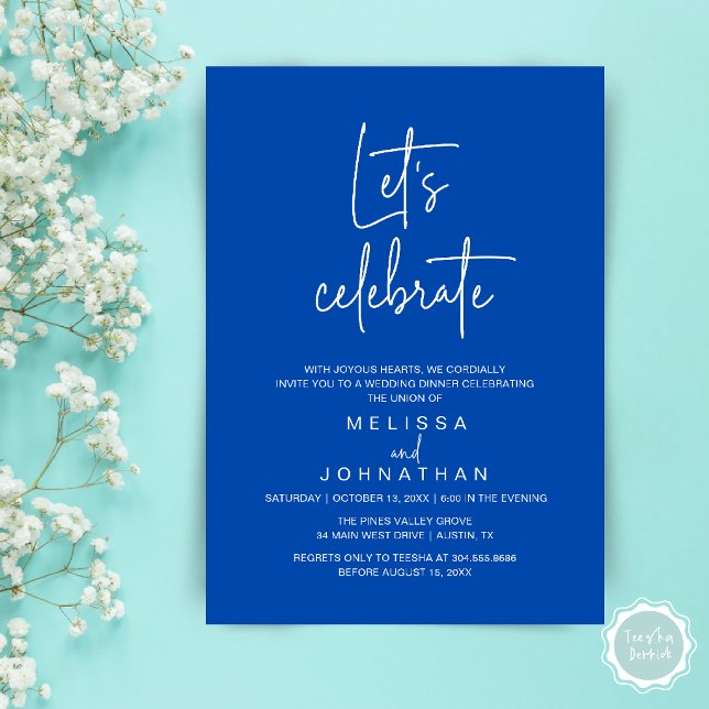 Låt oss fira, Bröllopsfirande efter vigseln Inbjudningar (Let's Celebrate, Modern Minimal Wedding Elopement Reception Dinner Invites Card in Cobalt Blue)
