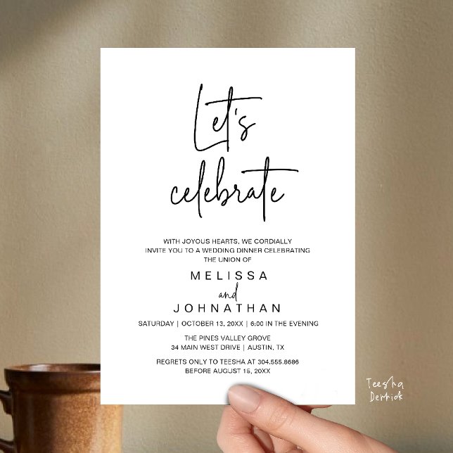 Låt oss fira, Bröllopsfirande efter vigseln Inbjudningar (Let's Celebrate, Modern Minimal Wedding Elopement Reception Dinner Invites Card in Black and White)