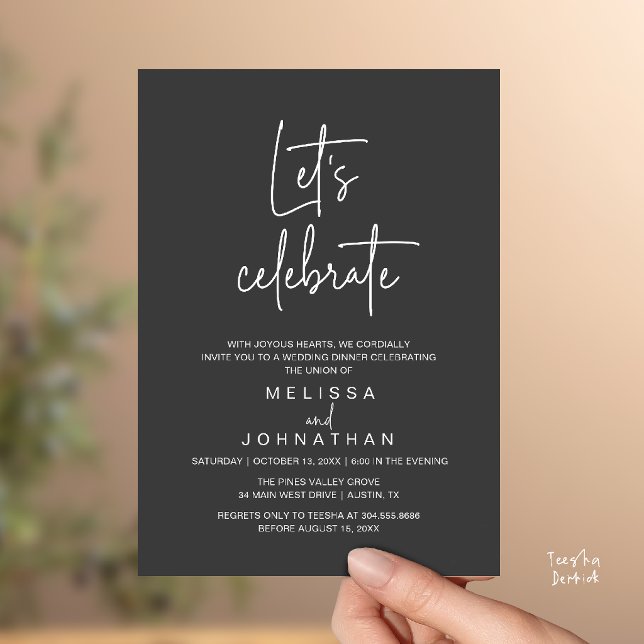 Låt oss fira, Bröllopsfirande efter vigseln Inbjudningar (Let's Celebrate, Modern Minimal Wedding Elopement Reception Dinner Invites Card in Charcoal Grey)