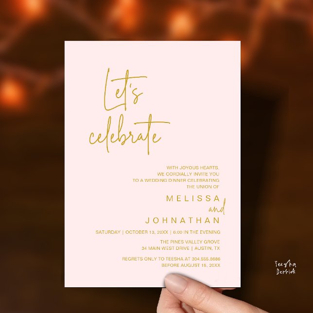 Låt oss fira, Bröllopsflykt Middag fest Inbjudningar (Let's Celebrate, Modern Wedding Elopement Dinner Party Invitation Card in Gold Blush)