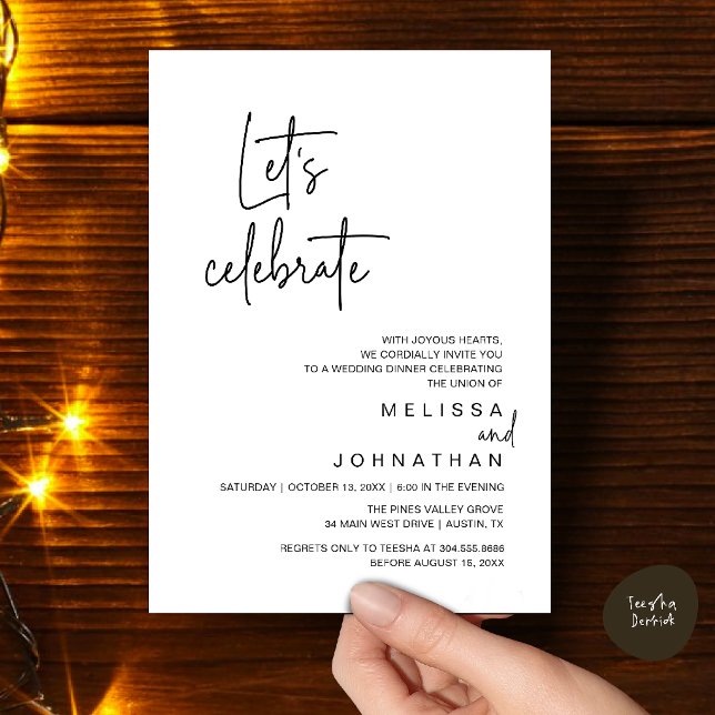 Låt oss fira, Bröllopsflykt Middag fest Inbjudningar (Let's Celebrate, Modern Wedding Elopement Dinner Party Invitation Card in Black White)