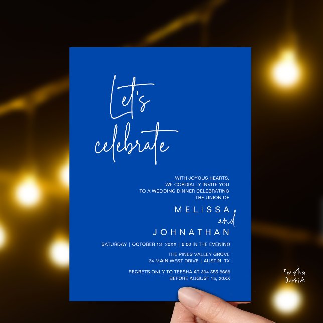 Låt oss fira, Bröllopsflykt Middag fest Inbjudningar (Let's Celebrate, Modern Wedding Elopement Dinner Party Invitation Card in Cobalt Blue)