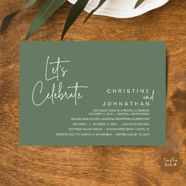 Låt oss fira, bröllopsflykt middag fest inbjudningar (Let's Celebrate, modern minimal Wedding Elopement Dinner Party Invitation card in sage green)