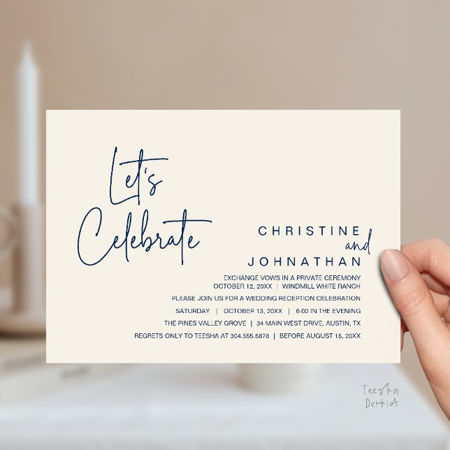 Låt oss fira, Bröllopsflykt Middag Festligheter Inbjudningar (Let's Celebrate, modern minimal Wedding Elopement Dinner Party Invitation card in navy blue ivory)