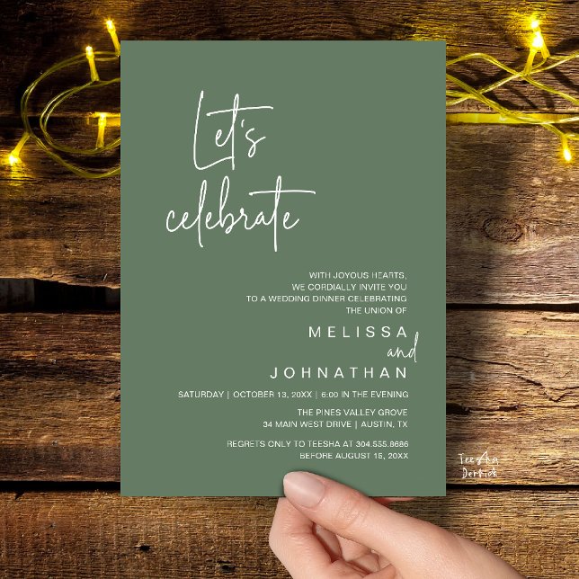 Låt oss fira, Bröllopsflykt Middagkalas Inbjudningar (Let's Celebrate, Modern Wedding Elopement Dinner Party Invitation Card in Sage Green)