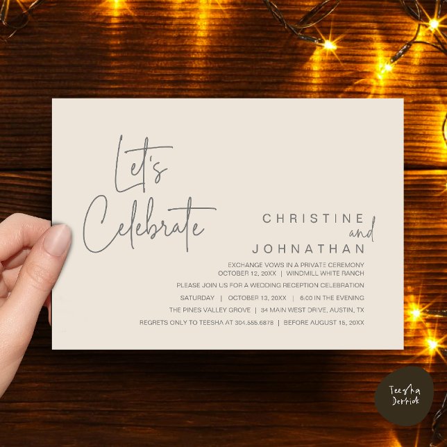 Låt oss fira, Bröllopsflykt middagsfest Inbjudningar (Let's Celebrate, modern minimal Wedding Elopement Dinner Party Invitation card in cream grey)