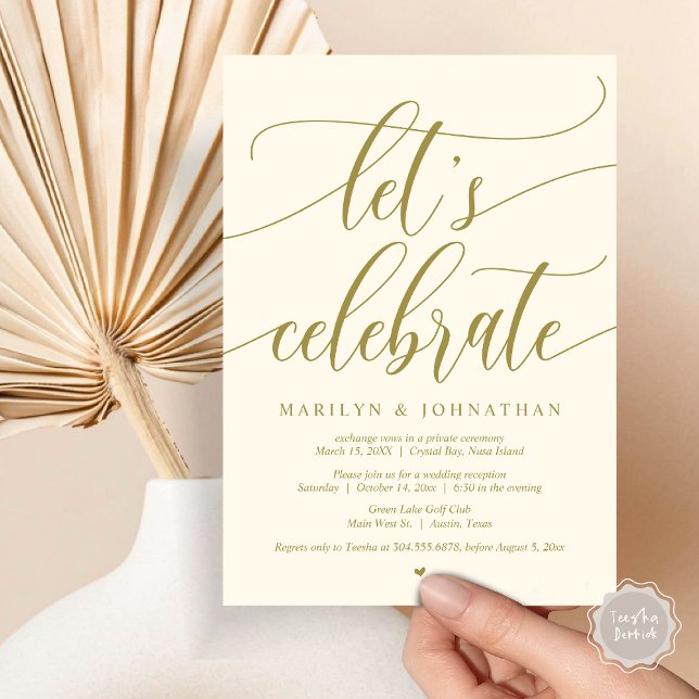 Låt oss fira bröllopsflyktfest, marinblå inbjudningar (Let's Celebrate Wedding Elopement Dinner Lunch Brunch Party Invitation Card, PDF, in Yellow Gold)