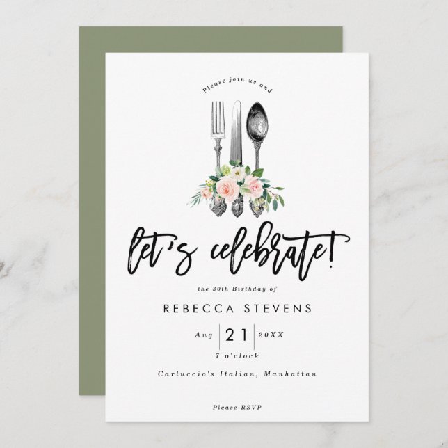låt oss fira den blom- bestickfödelsedagsfesten inbjudningar (Fram/baksida)
