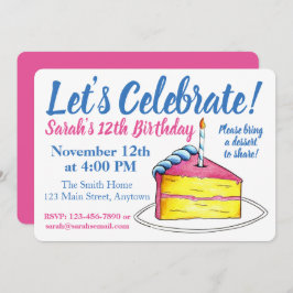 Låt oss fira födelselsedagstårta ljus rosa gult inbjudningar