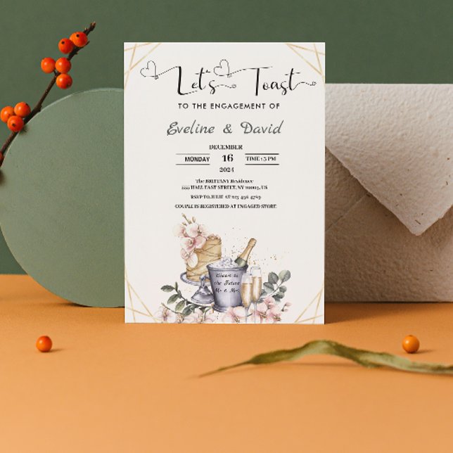 Låt oss fira förlovningsfest med akvarellblommor inbjudningar (Let's Toast Engagement Party Watercolor Floral Invitation  elegant floral gold classic)