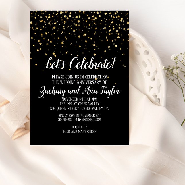 Låt oss fira Guld Konfetti på Svart Bröllopsdag Inbjudningar (Skapare uppladdad)