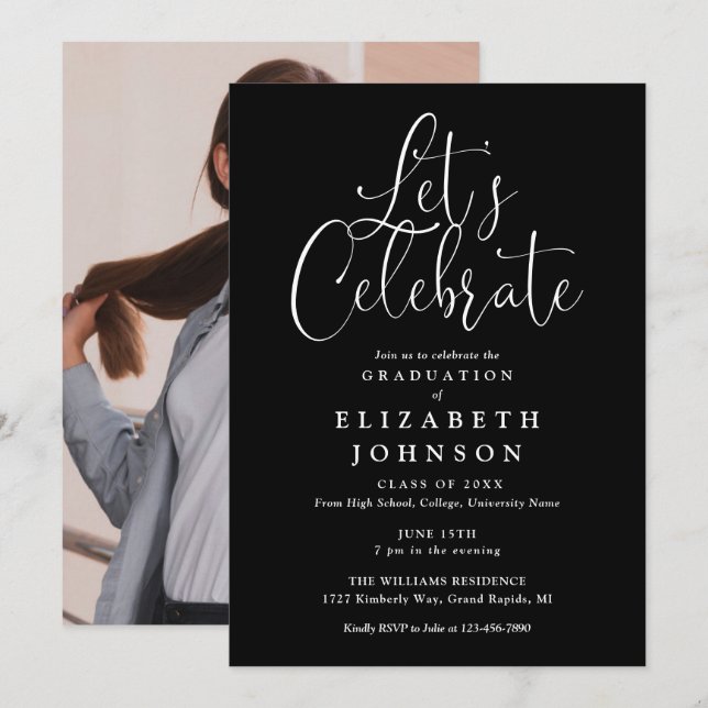 Låt oss fira manuskript foto examensfest inbjudningar (Fram/baksida)