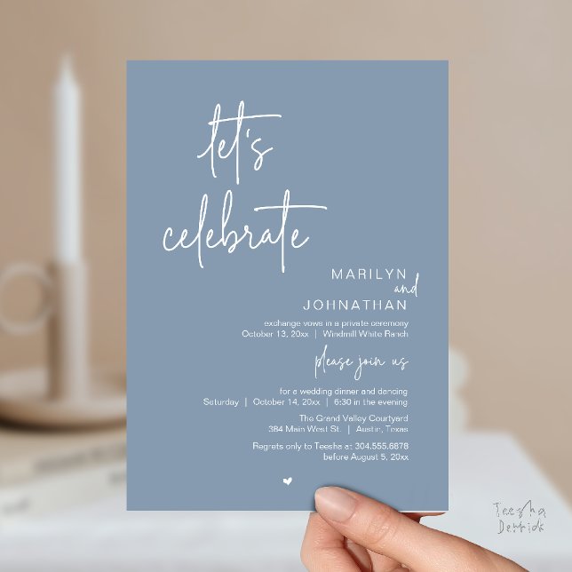 Låt oss fira, Minimal Modern Bröllopsmottagning Inbjudningar (Let's Celebrate, Modern Minimal Wedding Reception dinner dancing Invitation card dusty blue)