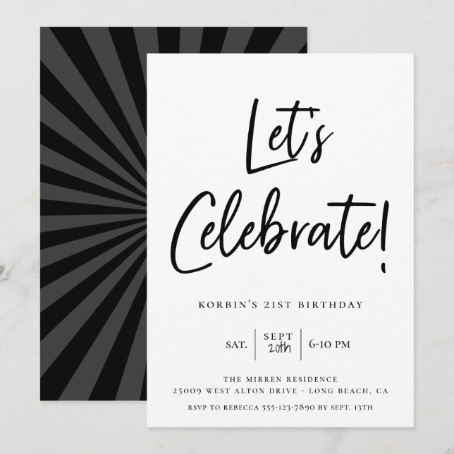 Låt oss Fira Modern Black Script födelsedag Inbjudningar (Fram/baksida)