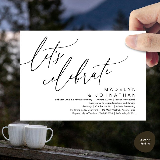 Låt oss fira, Romantisk bröllopsfest för älskande  Inbjudningar (Let's Celebrate, Romantic Charm Wedding Elopement Dinner Party Brunch Invites Card PDF White Black)