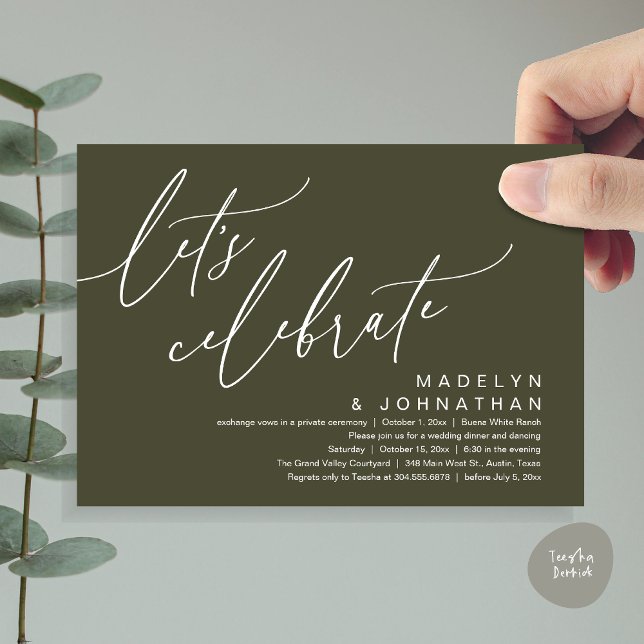 Låt oss fira, Romantisk bröllopsfirande Elopement- Inbjudningar (Let's Celebrate, Romantic Charm Wedding Elopement Dinner Party Brunch Invites Card PDF Olive Green)