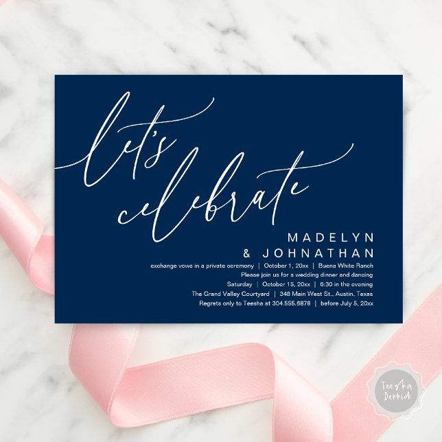 Låt oss fira, Romantisk bröllopsfirande fest Inbjudningar (Let's Celebrate, Romantic Charm Wedding Elopement Dinner Party Brunch Invites Card PDF Navy Blue)