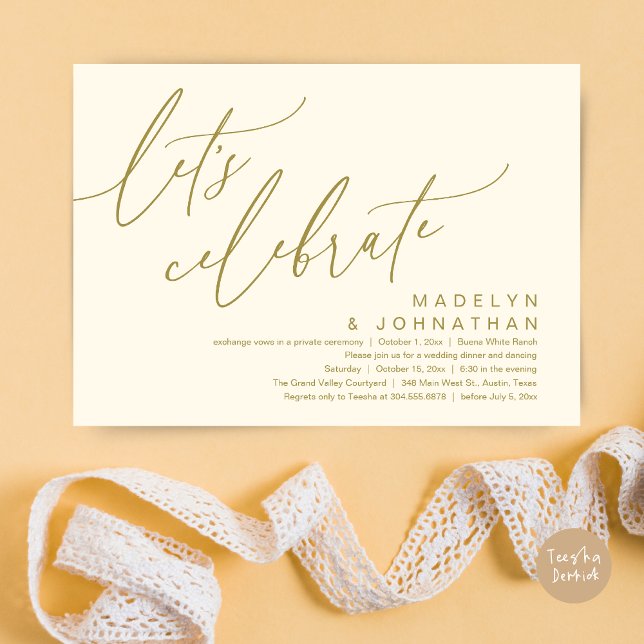 Låt oss fira, Romantisk bröllopsfirande fest Inbjudningar (Let's Celebrate, Romantic Charm Wedding Elopement Dinner Party Brunch Invites Card PDF Yellow Gold)