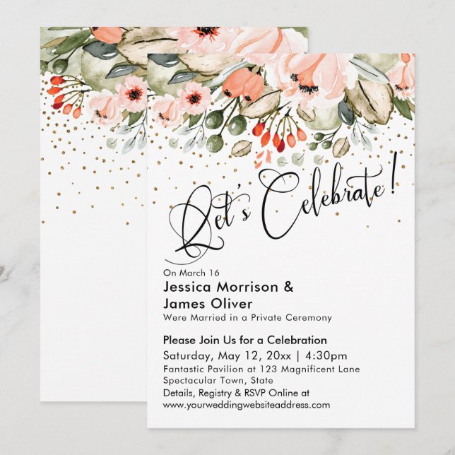 Låt oss fira! Rosig Blommig Falskt Guldkonfetti Inbjudningar (Fram/baksida)