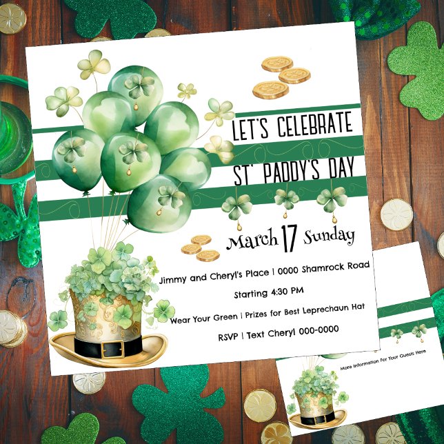 Låt oss fira St. Patrick's Day  Inbjudningar (Cute leprechaun Irish top hat in gold with party balloons covered in shamrocks customizable invites)