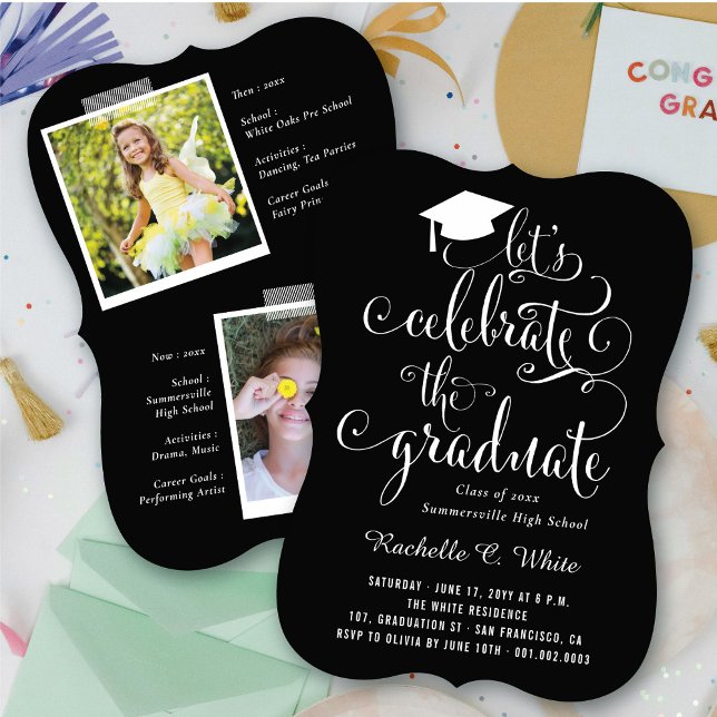 Låt oss fira Student Svarta och vita Party Inbjudningar (Let's Celebrate The Graduate Black & White Party Invitation | fatfatin @ zazzle.com/color_therapy)