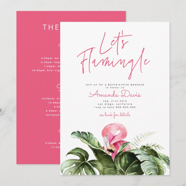 Låt oss Flamingle Bachelorette Helg Itinerary Inbjudningar (Fram/baksida)