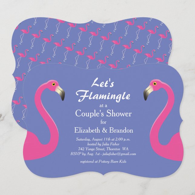 Låt oss Flamingle Couples Shower Inbjudan - lila (Fram/baksida)