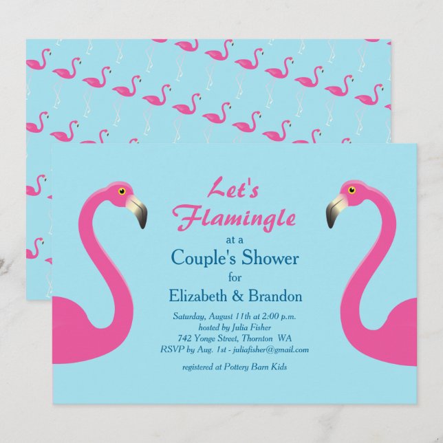 Låt oss Flamingle Couples Shower Inbjudan ljusblå  (Fram/baksida)