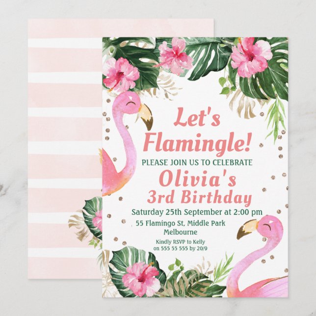 Låt oss Flamingle Flamingo Birthday-inbjudan Inbjudningar (Fram/baksida)