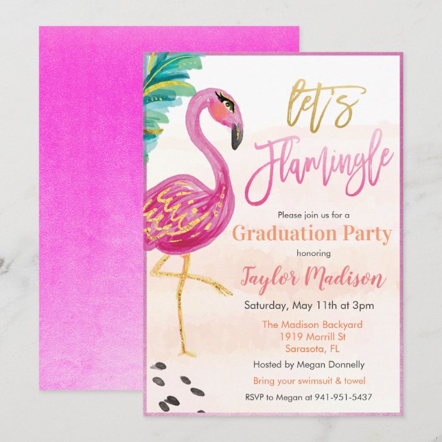 Låt oss Flamingle Flamingo Examen Inbjudan (Fram/baksida)