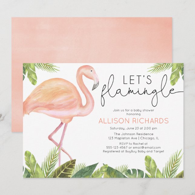 Låt oss Flamingle Flamingo-flickbabydusch Inbjudningar (Fram/baksida)