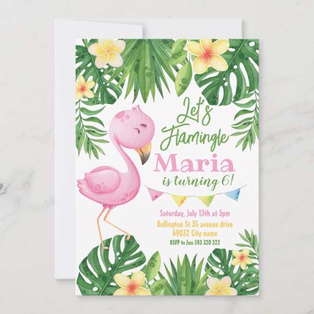 Låt oss Flamingle Flamingo Tropical Birthday Inbjudningar (Framsida)