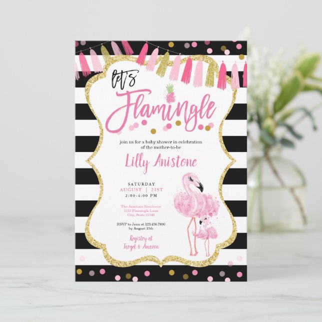 Låt oss Flamingle Flamingo Watercolor Baby Shower Inbjudningar (Stående Fram)