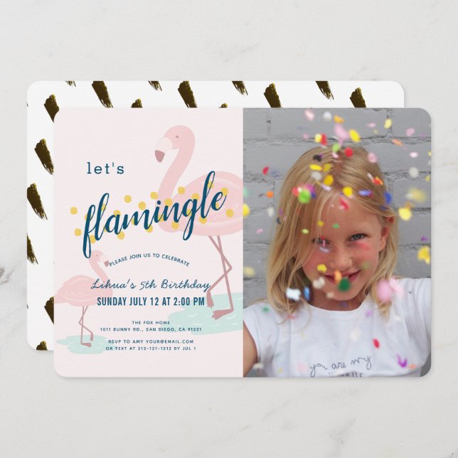 Låt oss Flamingle Framingo Rosa Photo Girl Birthda Inbjudningar (Fram/baksida)