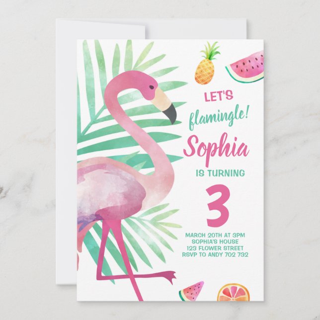 Låt oss Flamingle Girl Flamingo födelsedag Bassäng Inbjudningar (Framsida)