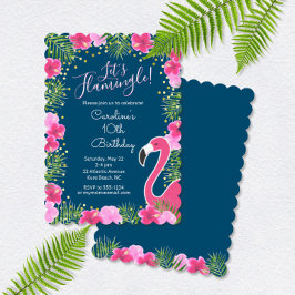 Låt oss Flamingle Navy Blue Tropical Blommigt Birt Inbjudningar