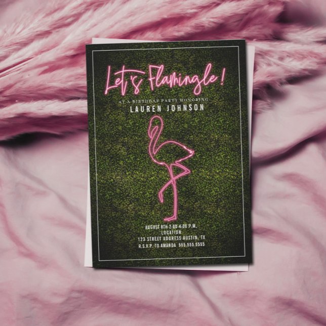 Låt oss Flamingle Neon Flamingo Boxwood Birthday Inbjudningar (Skapare uppladdad)