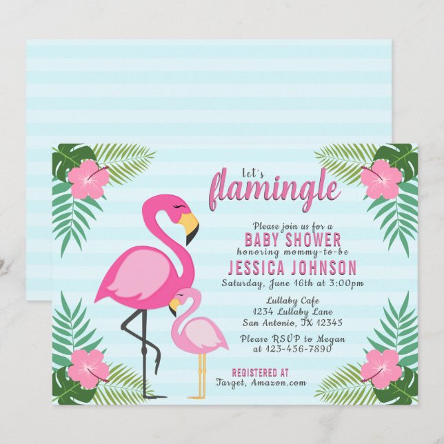 Låt oss Flamingle Rosa Flamingo Baby Shower Inbjudningar (Fram/baksida)